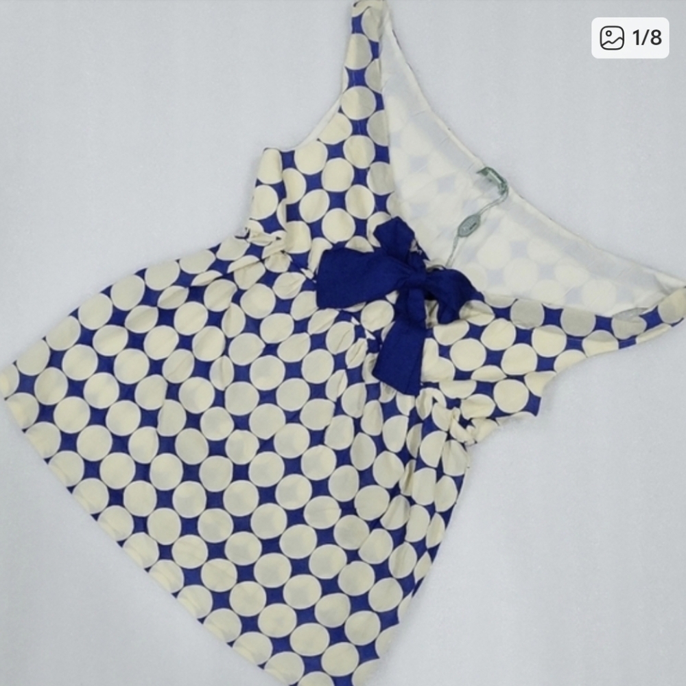 Sleeveless Blue and Cream Polka Dot Tie-Front Blouse